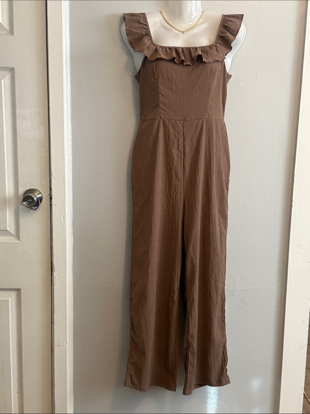 SHEIN Brown Ruffled Square-Neck Wide-Leg Jumpsuit
